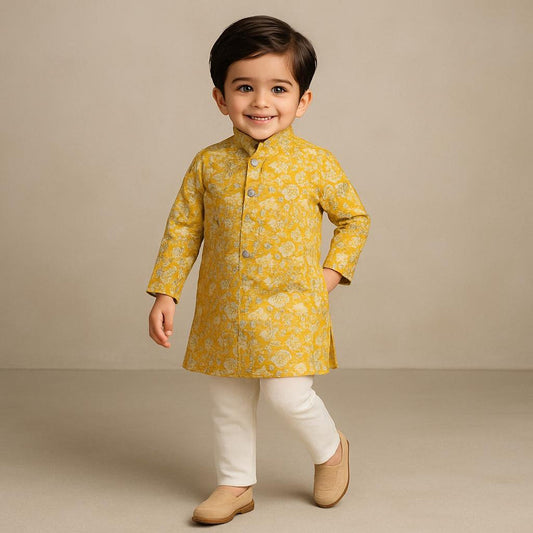 Pre Order: Printed Yellow Stylish Kurta And Pyjama