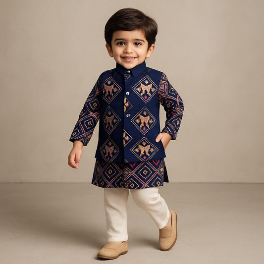 Pre Order: Blue Patola Printed Kurta With Front Open Jacket And Pyjama