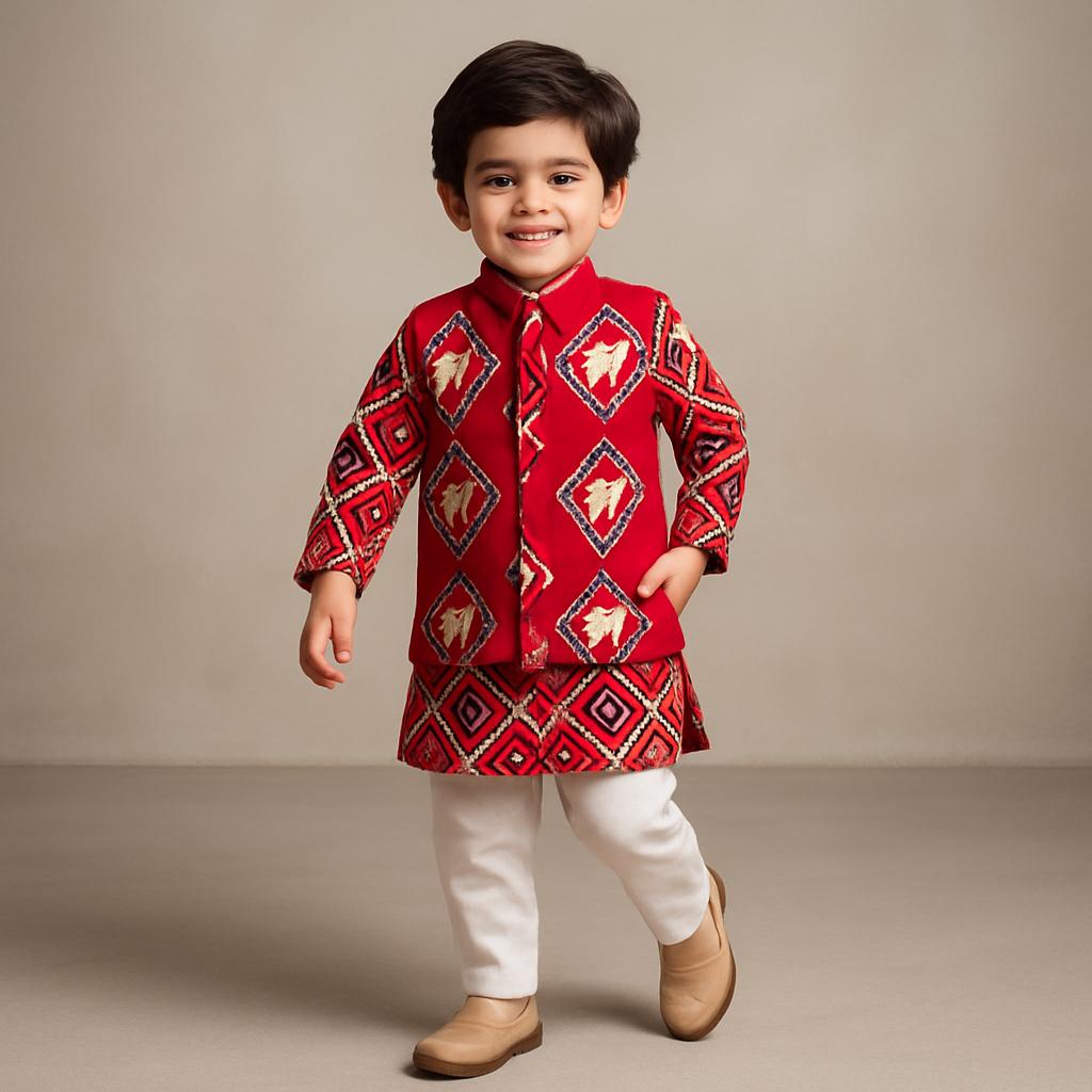 Pre Order: Red Patola Printed Kurta With Front Open Jacket And Pyjama