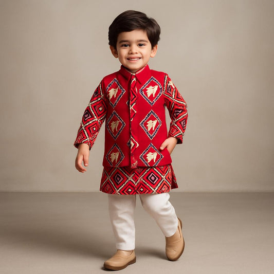 Pre Order: Red Patola Printed Kurta With Front Open Jacket And Pyjama