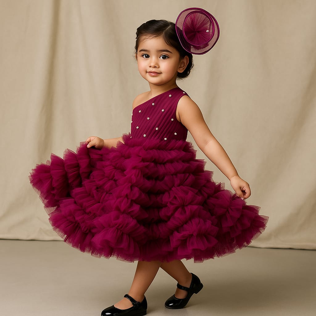 Pre Order: Swirl One Shoulder Frilled Dress Wine