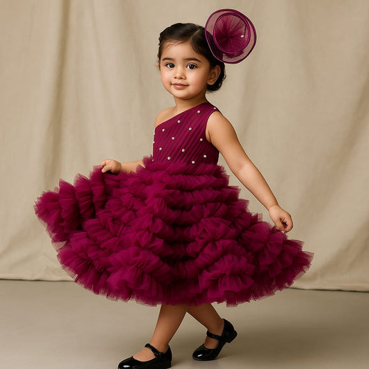 Pre Order: Swirl One Shoulder Frilled Dress Wine