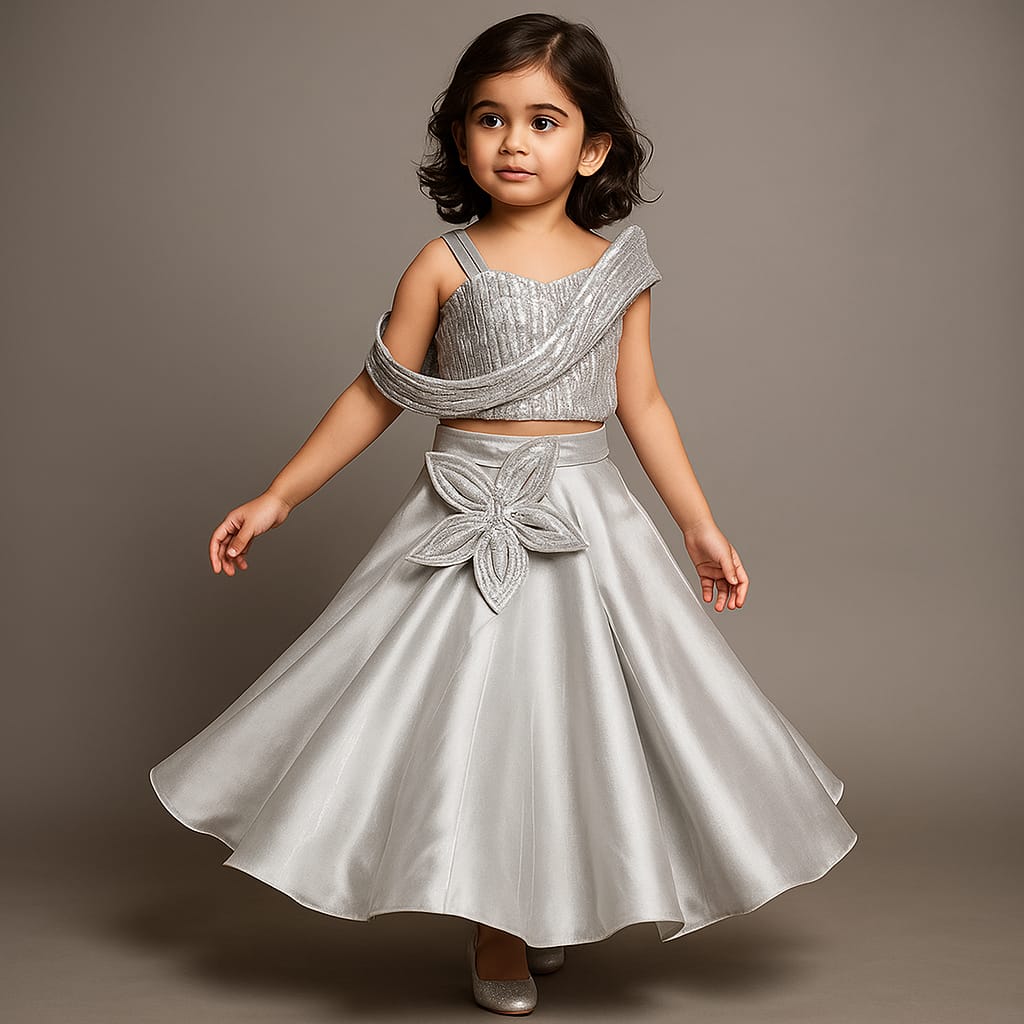 Pre Order: Grey Sequins Strappy Stiff Belt Top With Flower Adorned Lehenga