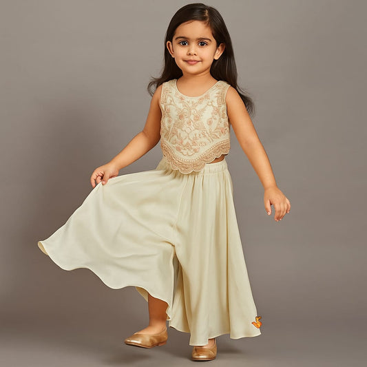 Pre Order: Shimmery Green Embroidered Scallop Detailed Top With Shimmery Flared Palazzo