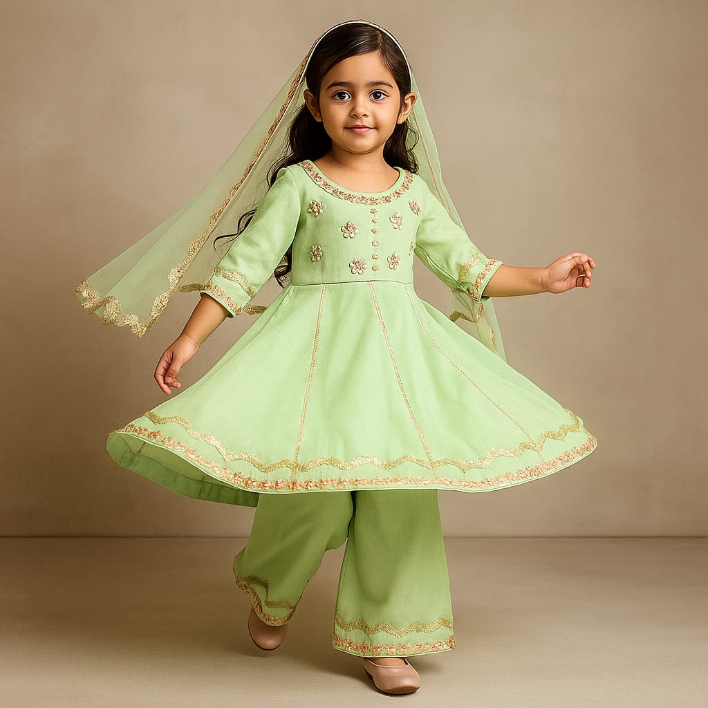Pre Order: Mint Green Lace Embellished Kurti With Palazzo And Dupatta