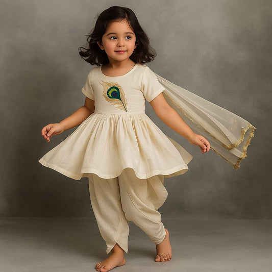 Pre Order: Mor Pankh Embroidered Beige Kurti With Dhoti And Dupatta