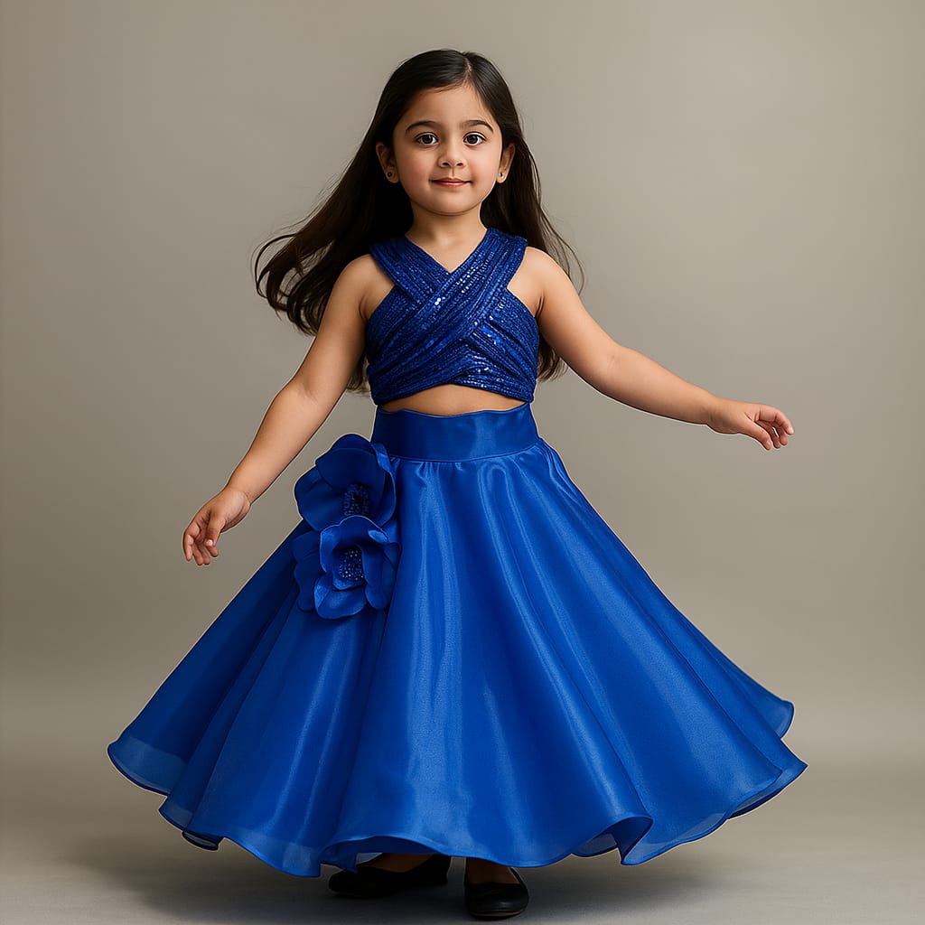 Pre Order: Sequin Embellished Halter Neck Top With Stiff Belt And Lehenga
