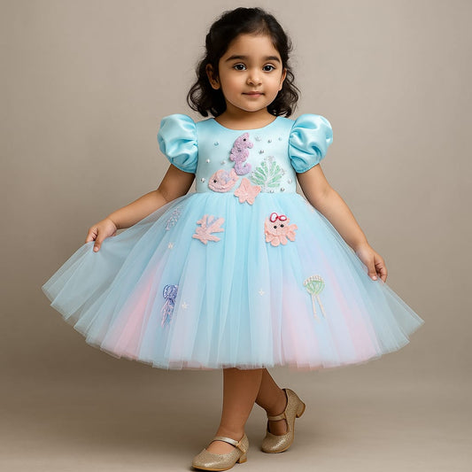 Pre Order: Blue And Pink Satin Dress With Sea Creature Embroidery