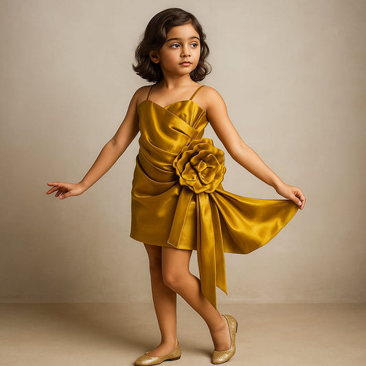 Pre Order: Mustard Glass Silk Flower Enhanced Sheen Strappy Dress