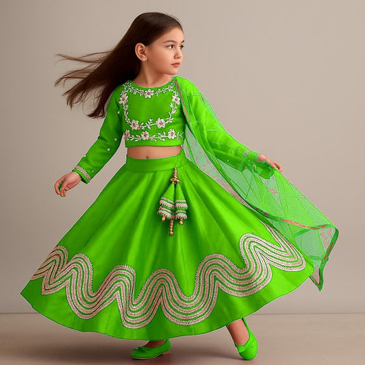 Pre Order: Gota Lace Enhanced Green Top And Lehenga With Net Dupatta