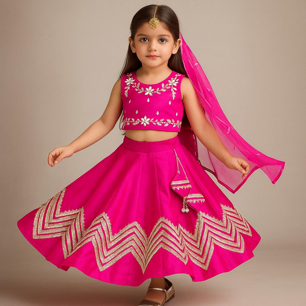 Pre Order: Gota Lace Enhanced Top And Lehenga With Net Dupatta