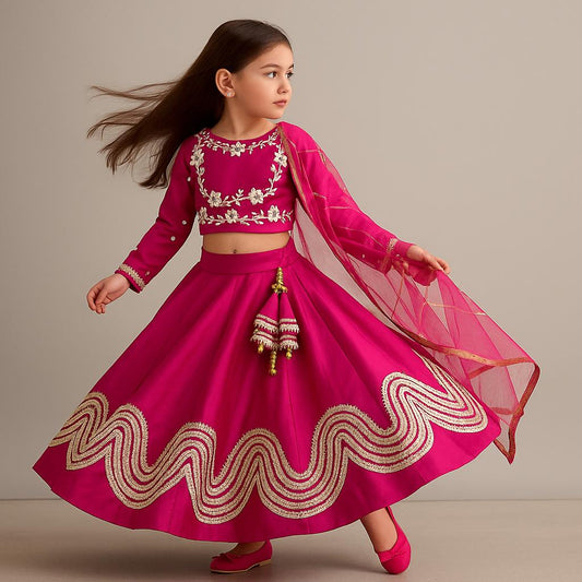 Pre Order: Gota Lace Enhanced Pink Top And Lehenga With Net Dupatta