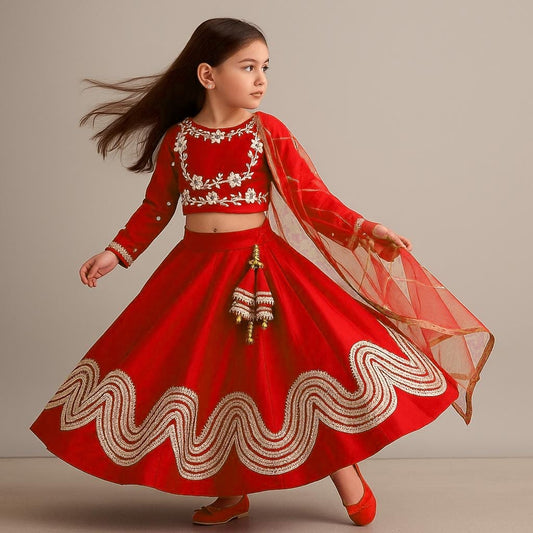 Pre Order: Gota Lace Enhanced Red Top And Lehenga With Net Dupatta