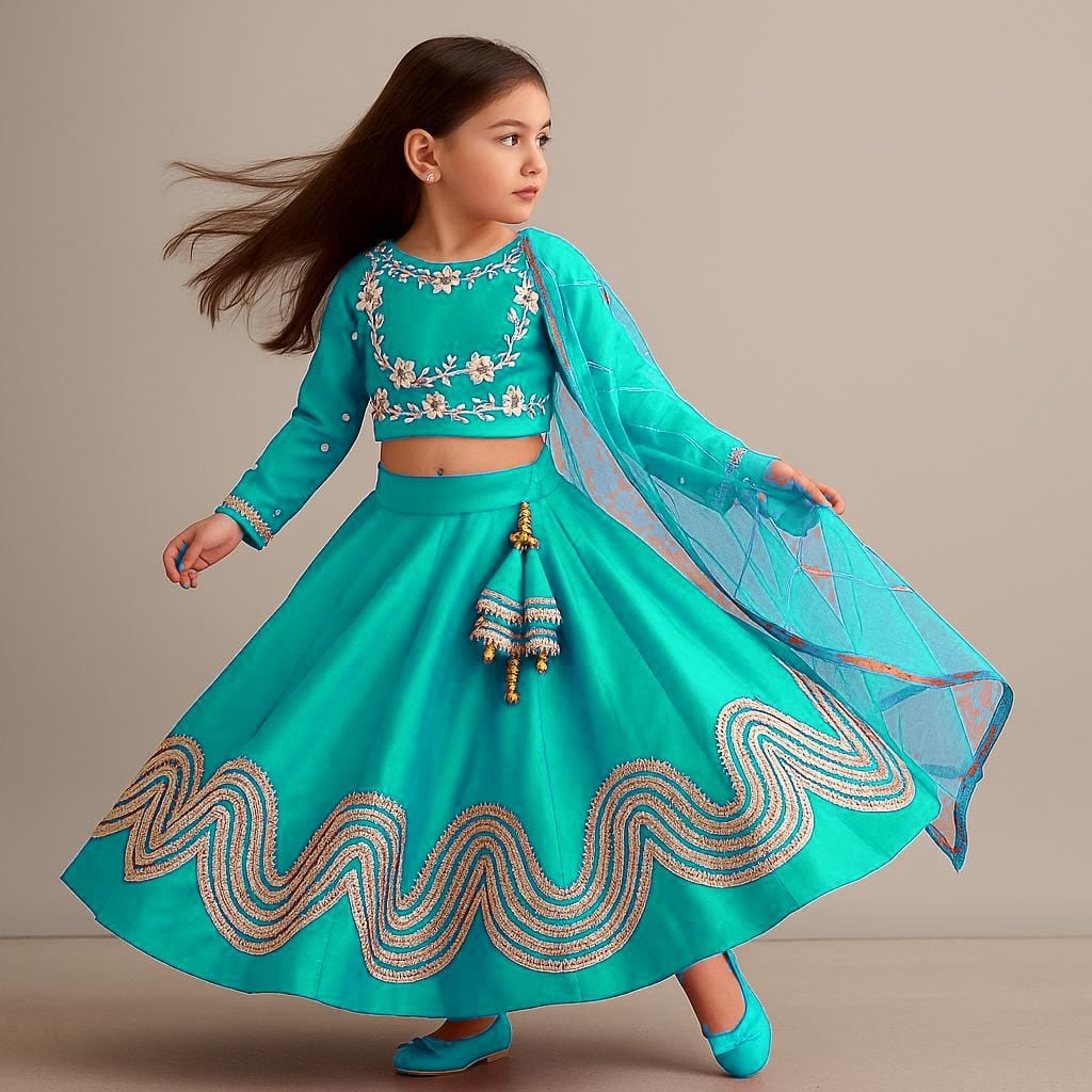 Pre Order: Gota Lace Enhanced Rama Top And Lehenga With Net Dupatta