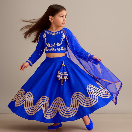 Pre Order: Gota Lace Enhanced Blue Top And Lehenga With Net Dupatta