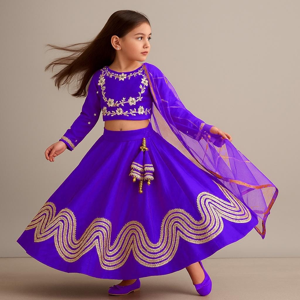 Pre Order: Gota Lace Enhanced Purple Top And Lehenga With Net Dupatta