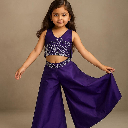Pre Order: Purple Halter Neck Back Bow Enhanced Top With Flared Palazzo
