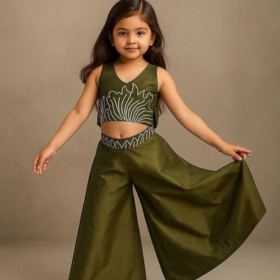 Mehendi Halter Neck Back Bow Enhanced Top With Flared Palazzo