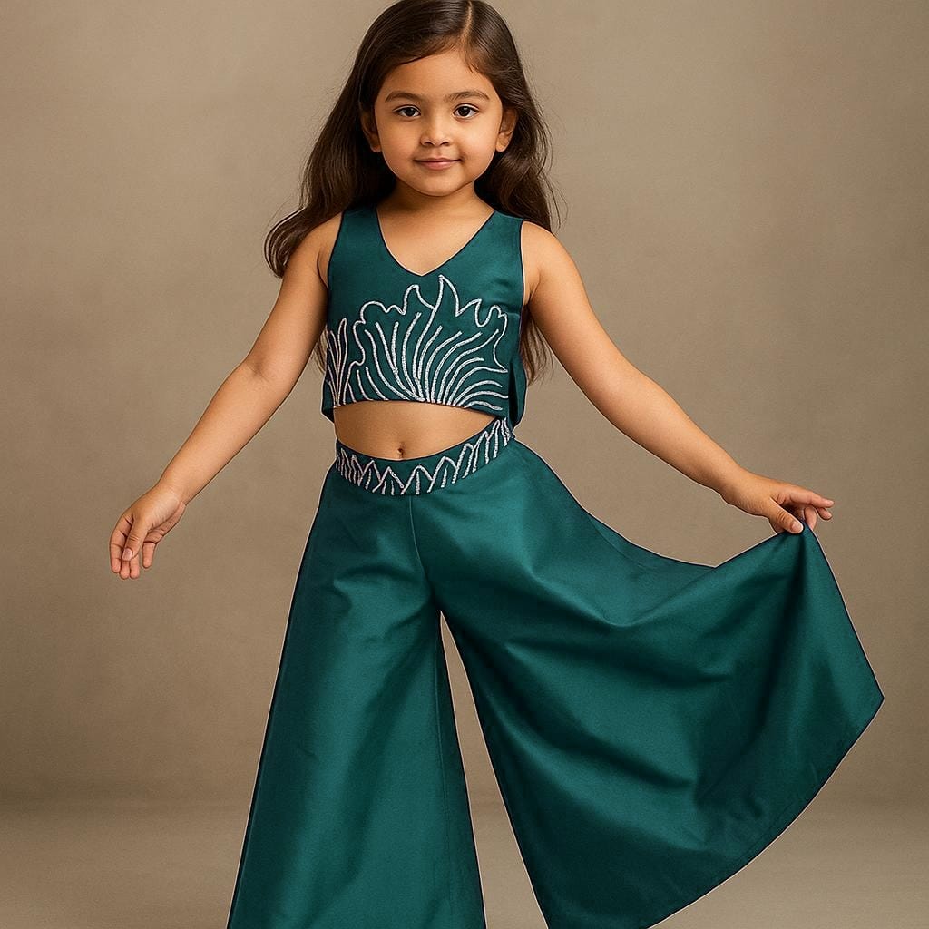 Pre Order: Teal Halter Neck Back Bow Enhanced Top With Flared Palazzo
