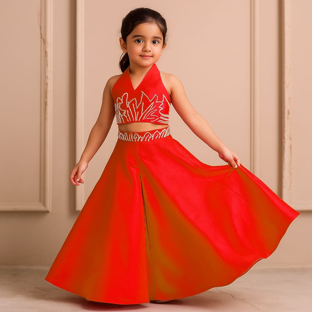 Pre Order: Red Halter Neck Back Bow Enhanced Top With Flared Palazzo