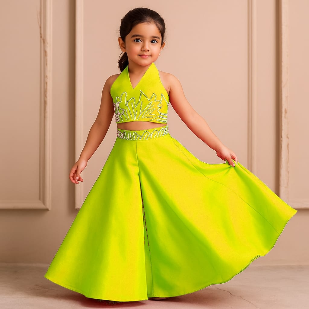 Neon Halter Neck Back Bow Enhanced Top With Flared Palazzo