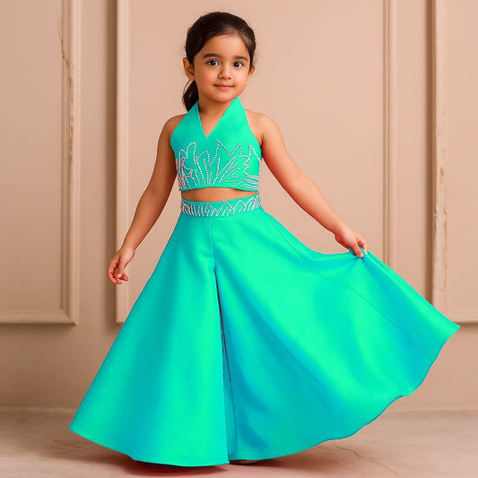 Pre Order: Sky Halter Neck Back Bow Enhanced Top With Flared Palazzo