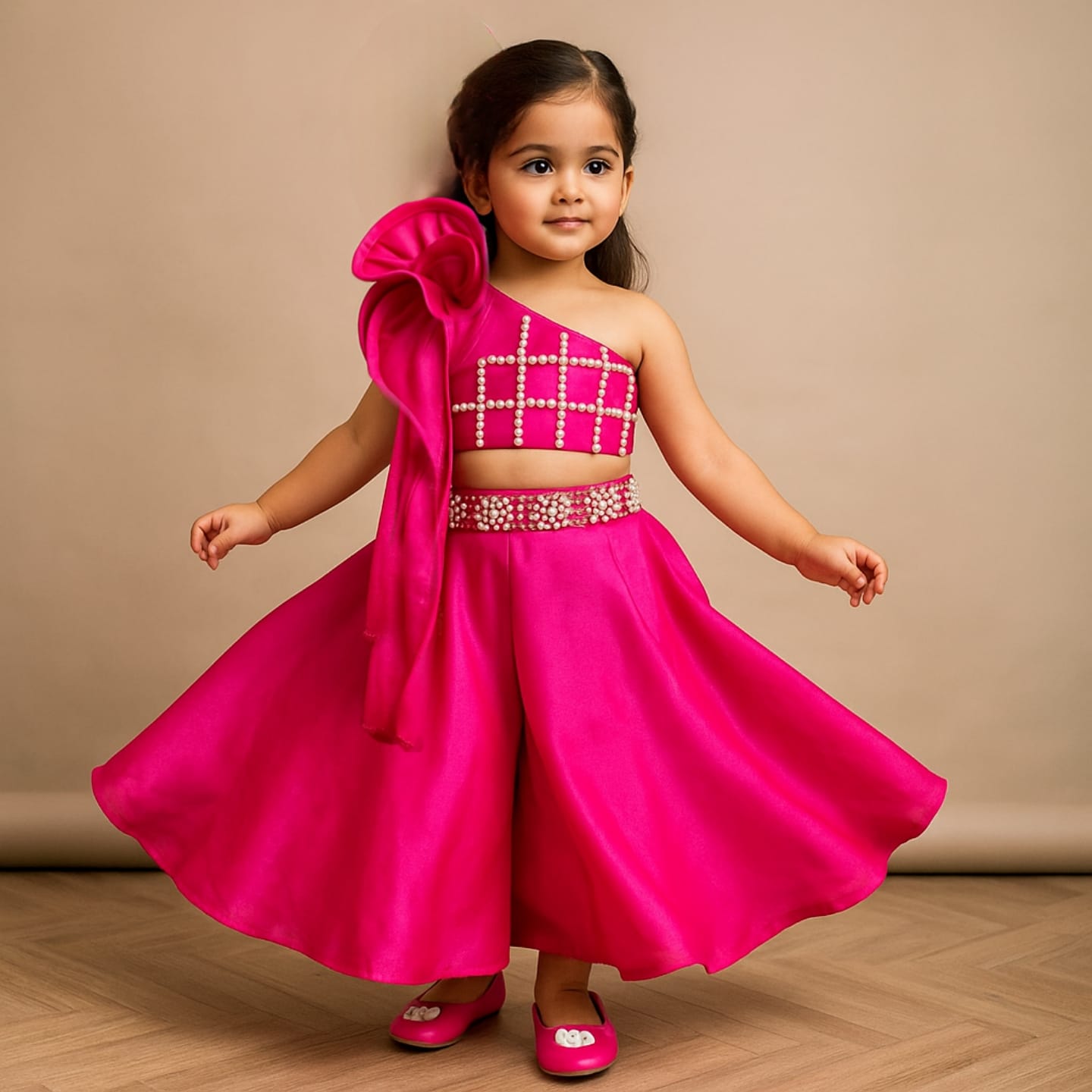 One Shoulder Swirl Enhanced Pink Top With Palazzo