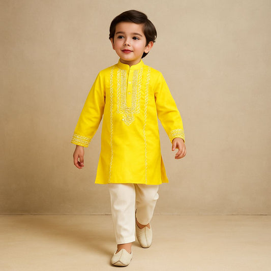 Pre Order: Yellow Embroidered And Faux Mirror Work Kurta And Pyjama