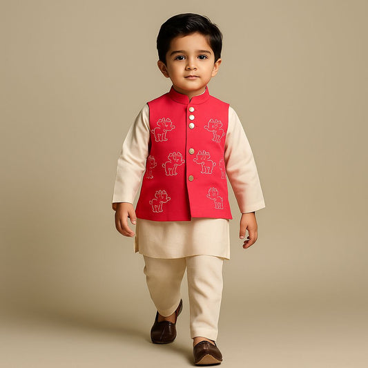 Pre Order: Plain Kurta With Embroidered Pink Jacket And Pyjama