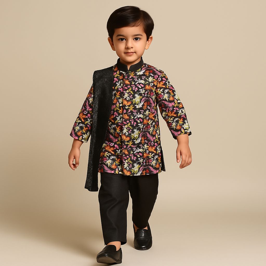 Pre Order: Black Multicolour Printed Sherwani And Salwar With Shawl