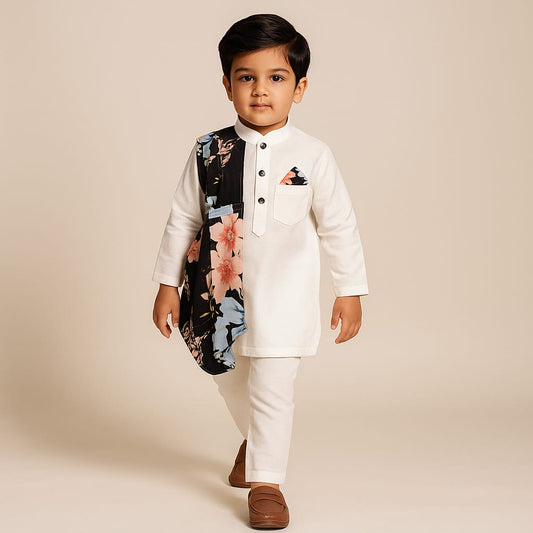 Pre Order: Off White Kurta With One Side Black Printed Panel And Pyjama