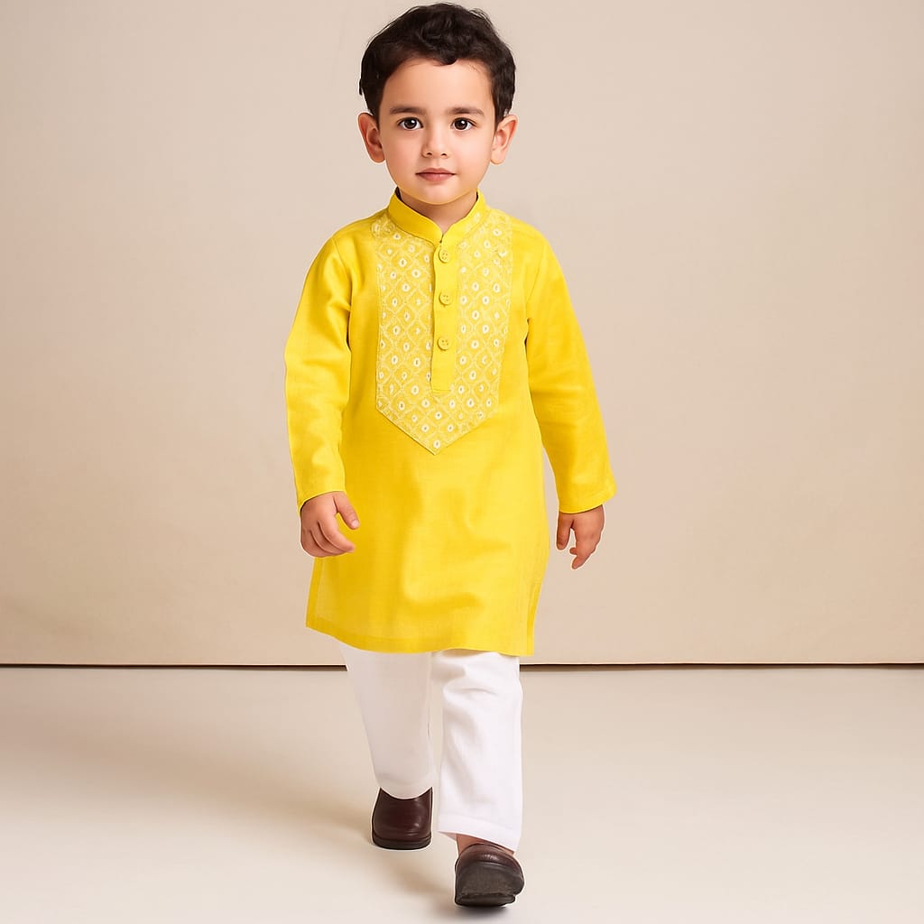 Pre Order: Thread Embroidered Yellow Kurta And Pyjama