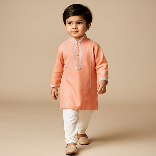 Pre Order: Fuax Mirror And Gota Lace Detail Peach Kurta And Pyjama