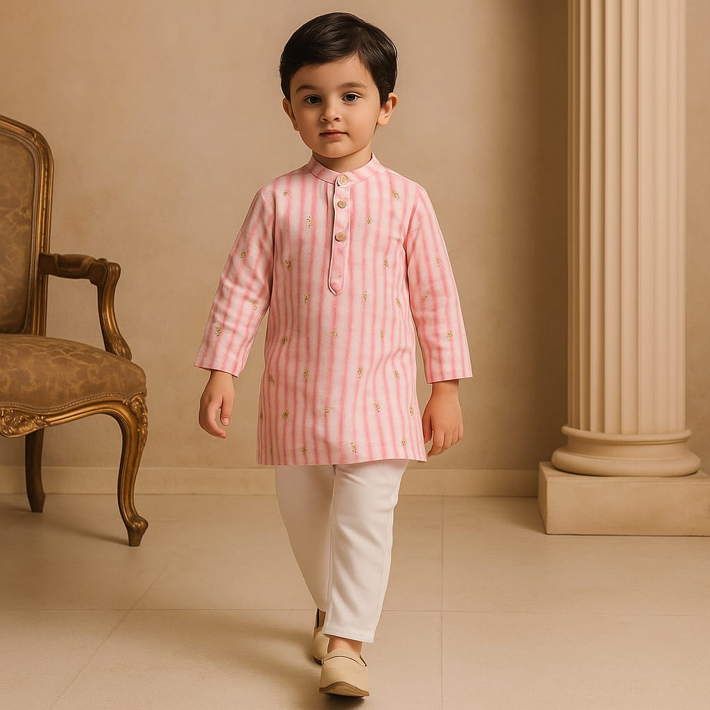 Pre Order: Pink Printed Embroidered Kurta With Pyjama