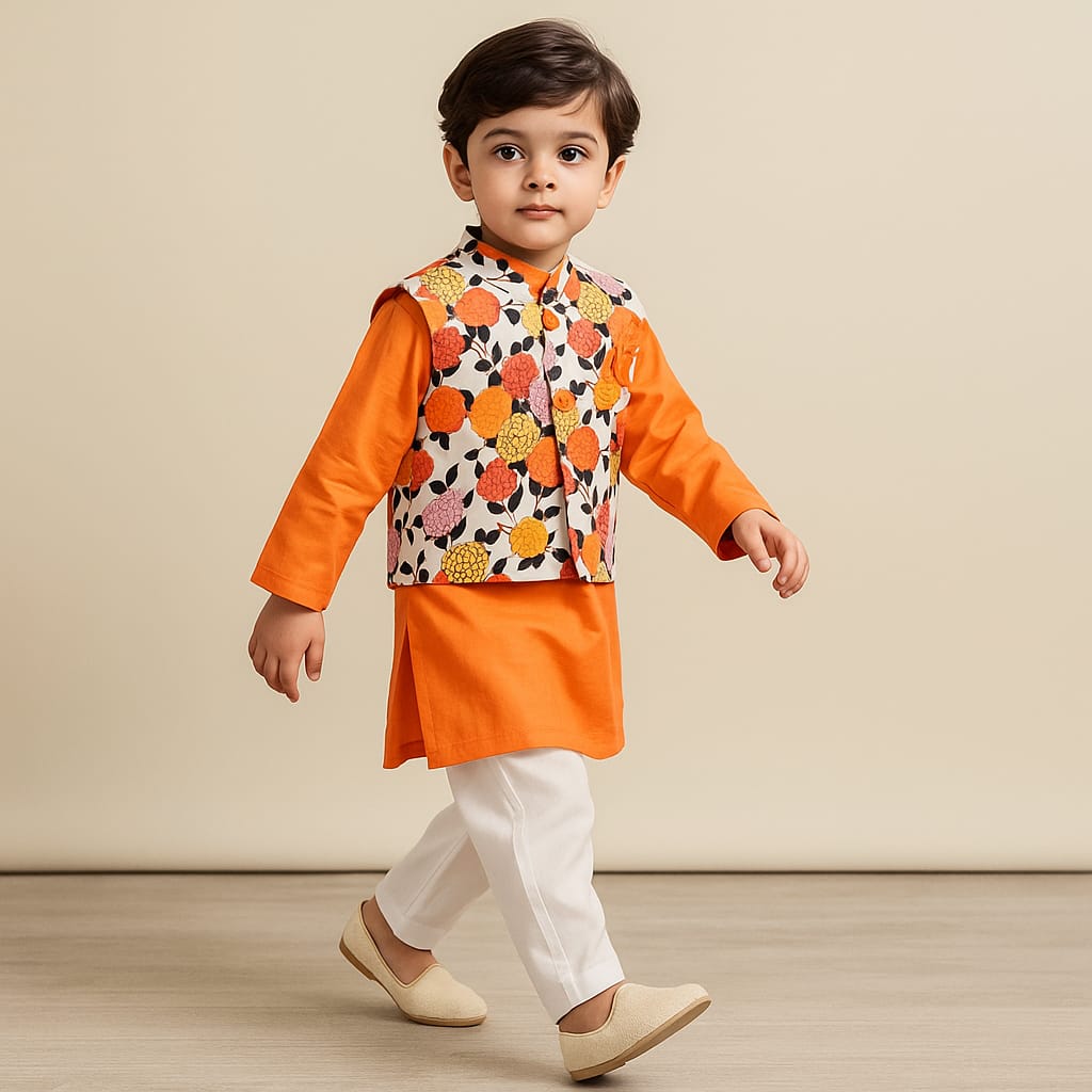 Pre Order: Orange Kurta And Multicolour Jacket With Pyjama