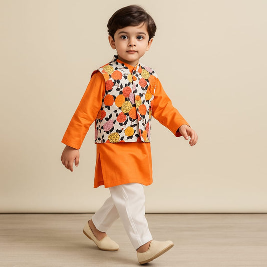 Pre Order: Orange Kurta And Multicolour Jacket With Pyjama