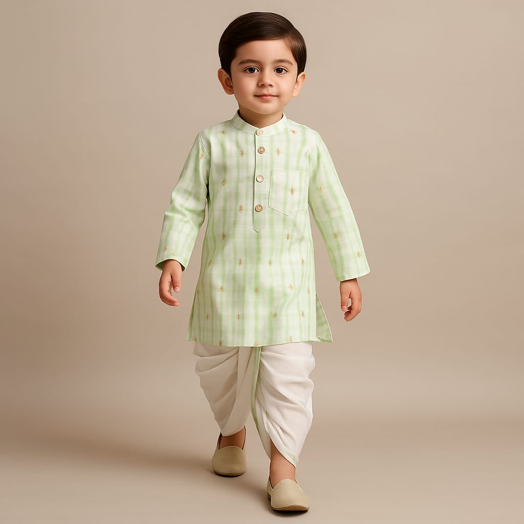 Pre Order: Green Printed Embroidered Kurta With Dhoti
