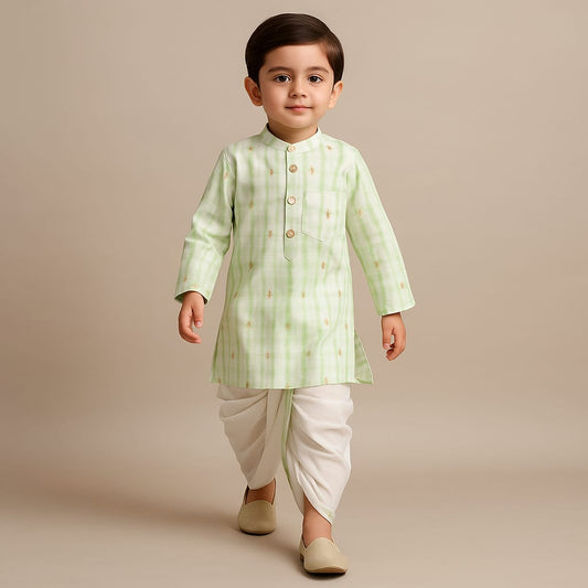 Pre Order: Green Printed Embroidered Kurta With Dhoti