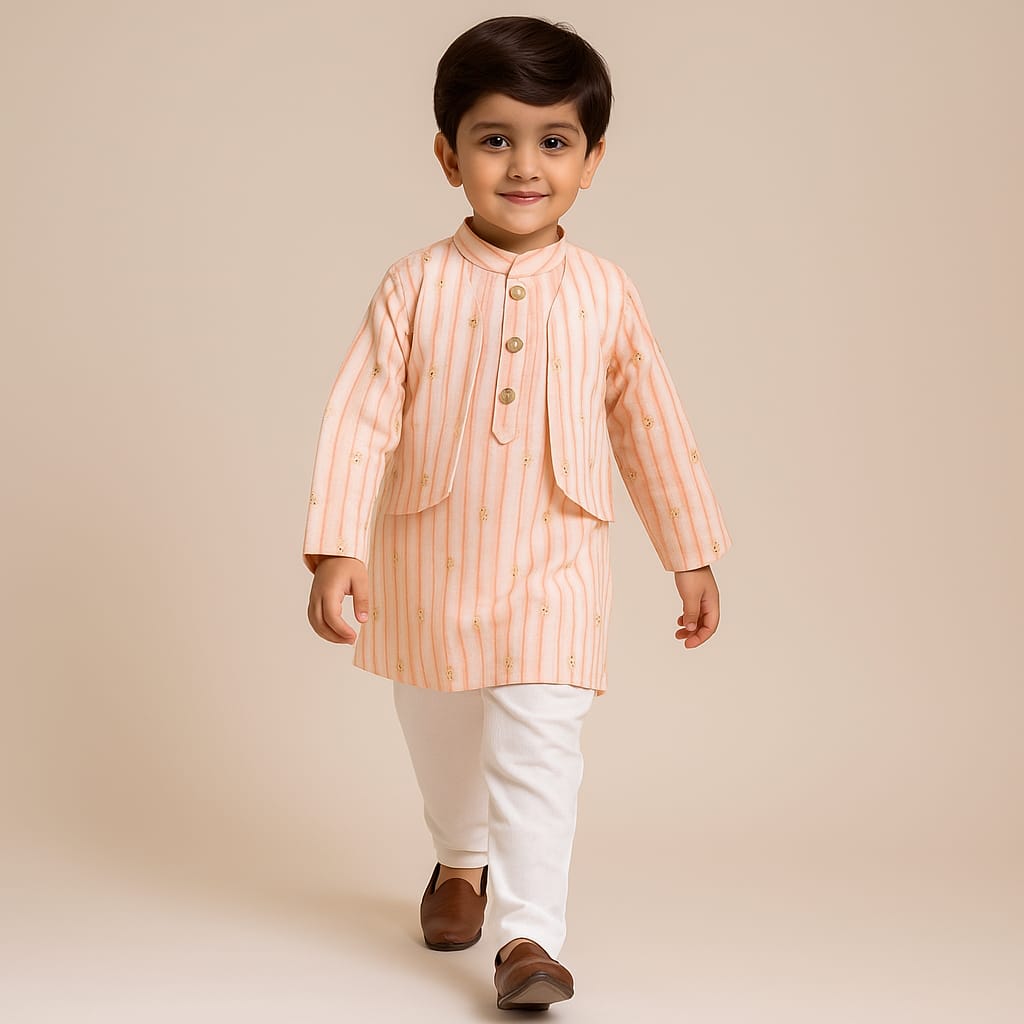 Pre Order: Printed Embroidered Kurta With Front Open Flap Attached Jacket And Pyjama