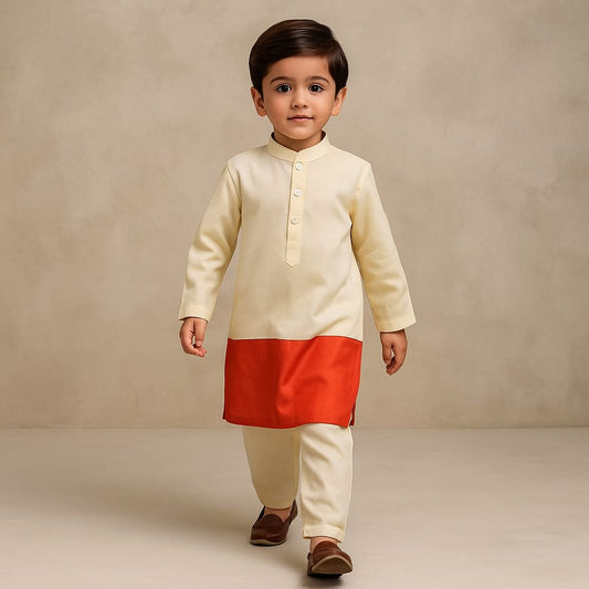 Pre Order: Off White And Orange Dual Tone Kurta With Pyjama