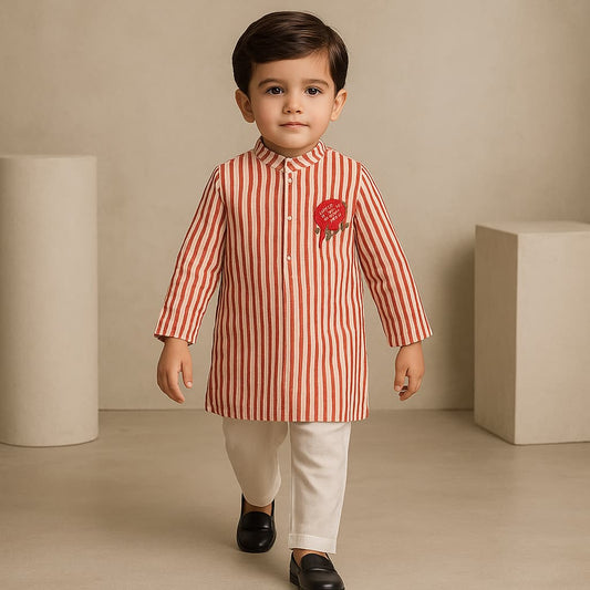 Pre Order: Red Striped Kurta With Embroidered Patch And Pyjama
