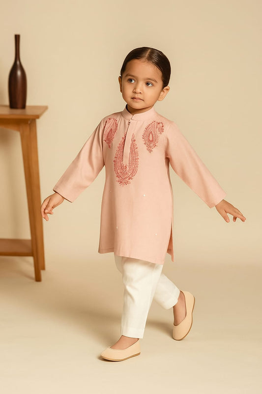 Pre Order: Thread Embroidered Peach Kurta And Pyjama