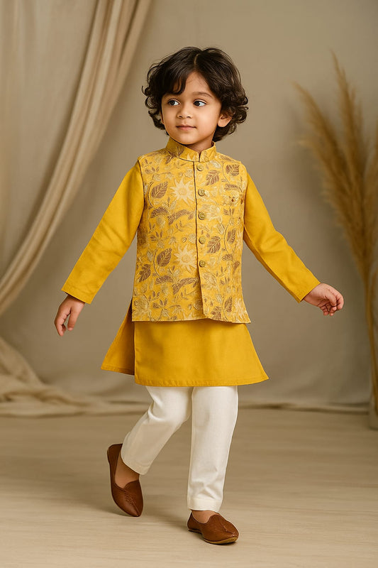 Pre Order: Mustard Kurta With Floral Printed Jacket And Pyjama