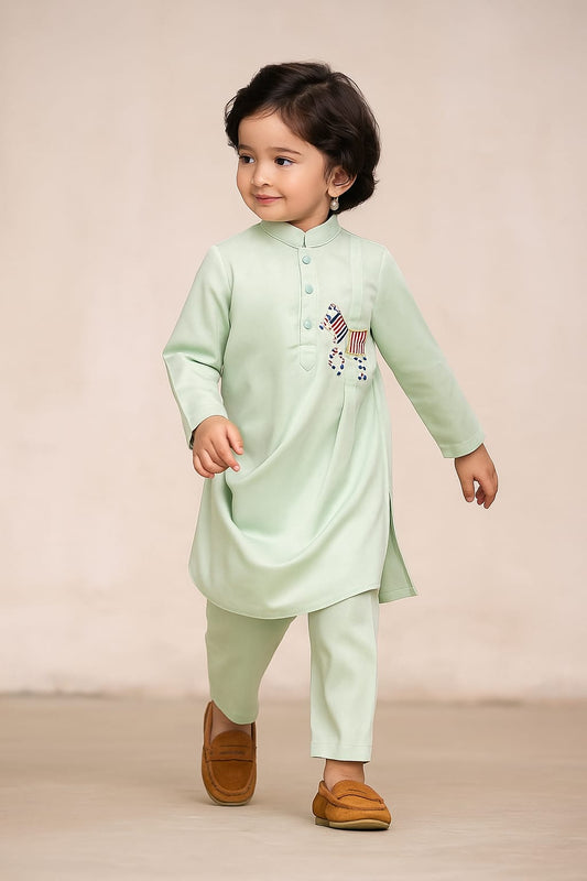 Pre Order: Green Elegant Draped Kurta With Animal Embroidered Applique And Salwar