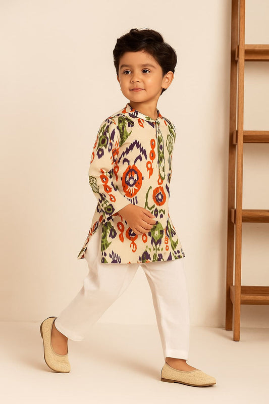 Pre Order: Pleated Hem Multicolour Printed Kurta And Pyjama