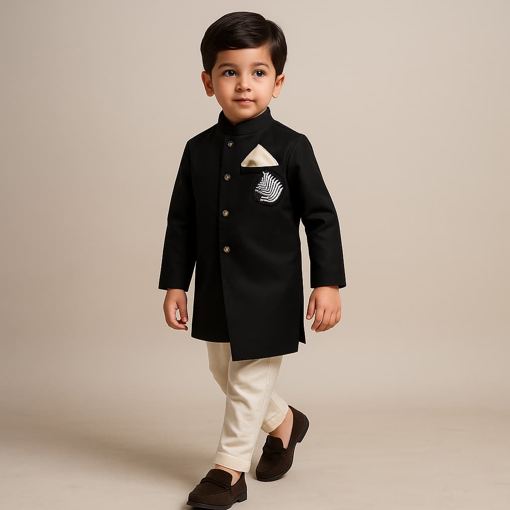 Pre Order: Black Stylish Embellished Sherwani And Pyjama