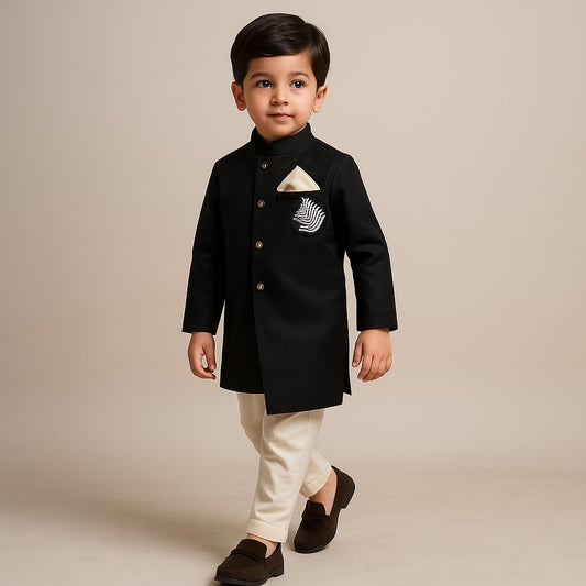 Pre Order: Black Stylish Embellished Sherwani And Pyjama