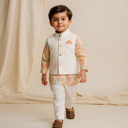 Pre Order: Multicolour Printed Kurta With Jacket And Pyjama
