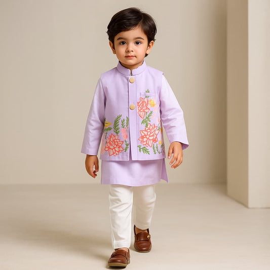 Pre Order: Lavender Kurta With Embroidered Front Open Jacket And Pyjama