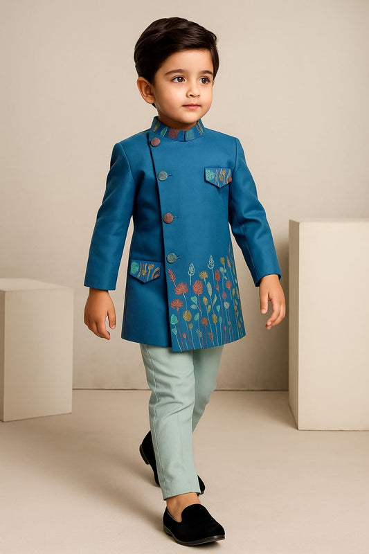 Pre Order: Embroidered Blue Stylish Sherwani And Pant